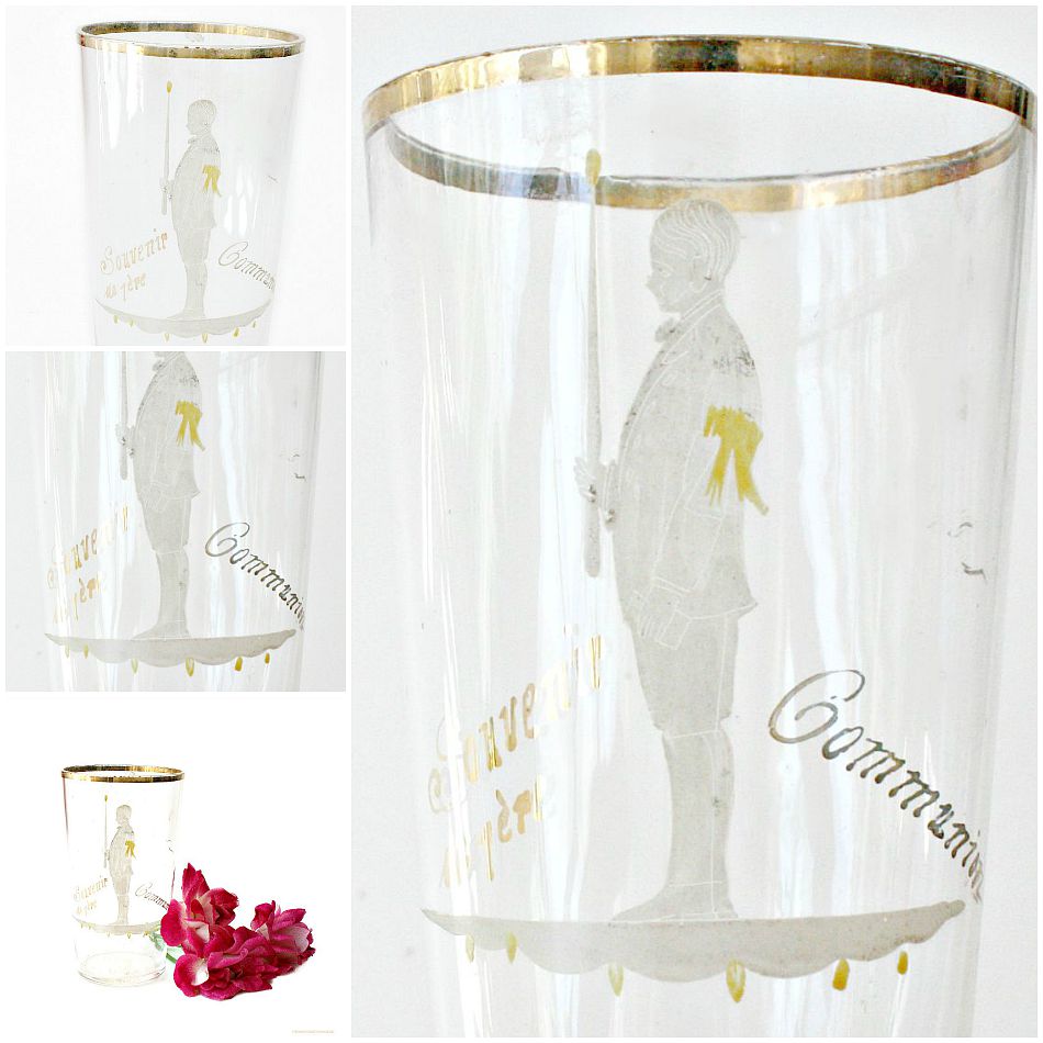 Antique French Souvenir de 1st Communion Hand Painted Glass