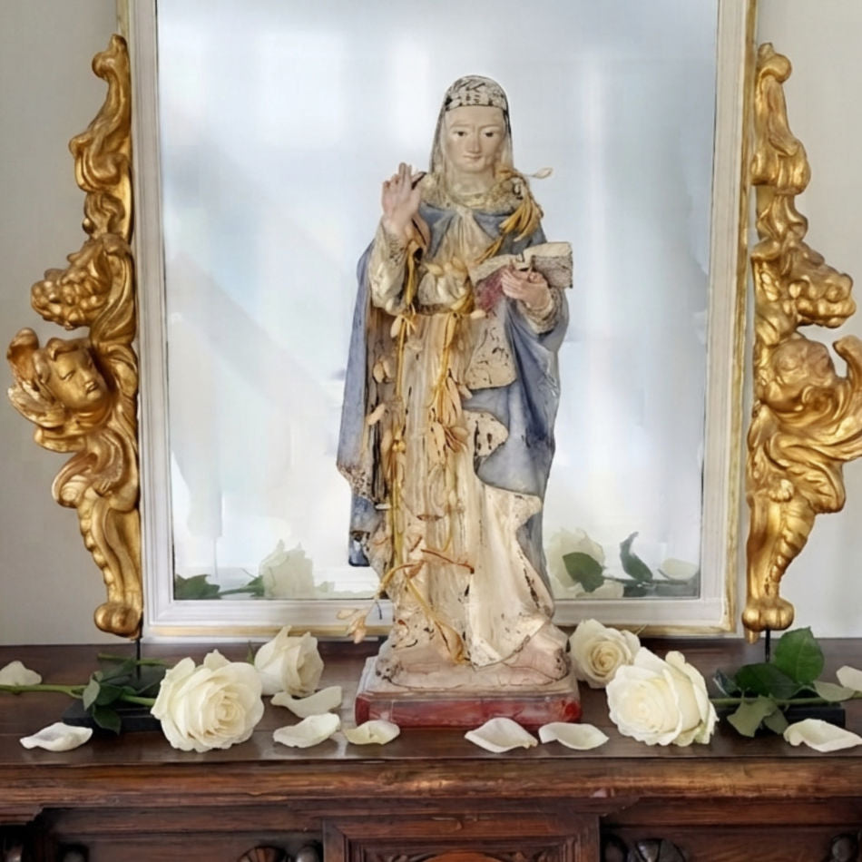 19th Century French Colonial Saint Teresa of Ávila Statue, 22" Polychrome with Wax Flower Garland