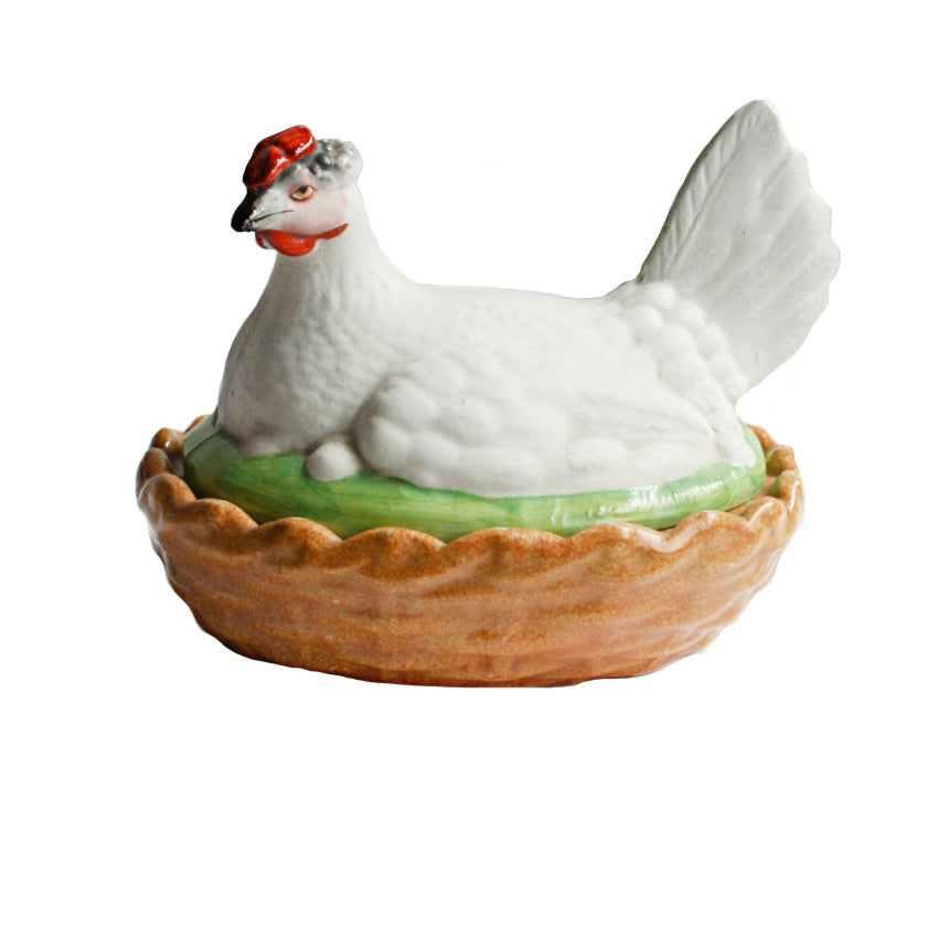 Antique 19th century Staffordshire hen on nest tureen, English hand painted basket form with hen lid and eggs.