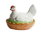 Antique 19th century Staffordshire hen on nest tureen, English hand painted basket form with hen lid and eggs.
