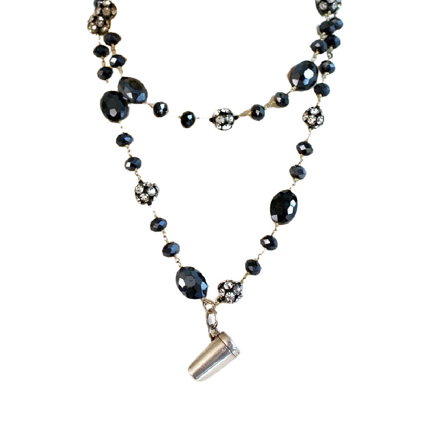 Art Deco sterling dice charm necklace with miniature dice case, 34" black Czech glass chain, decorative rhinestones, elegant, rare, collectible jewelry.
