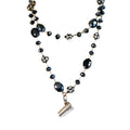 Art Deco sterling dice charm necklace with miniature dice case, 34" black Czech glass chain, decorative rhinestones, elegant, rare, collectible jewelry.