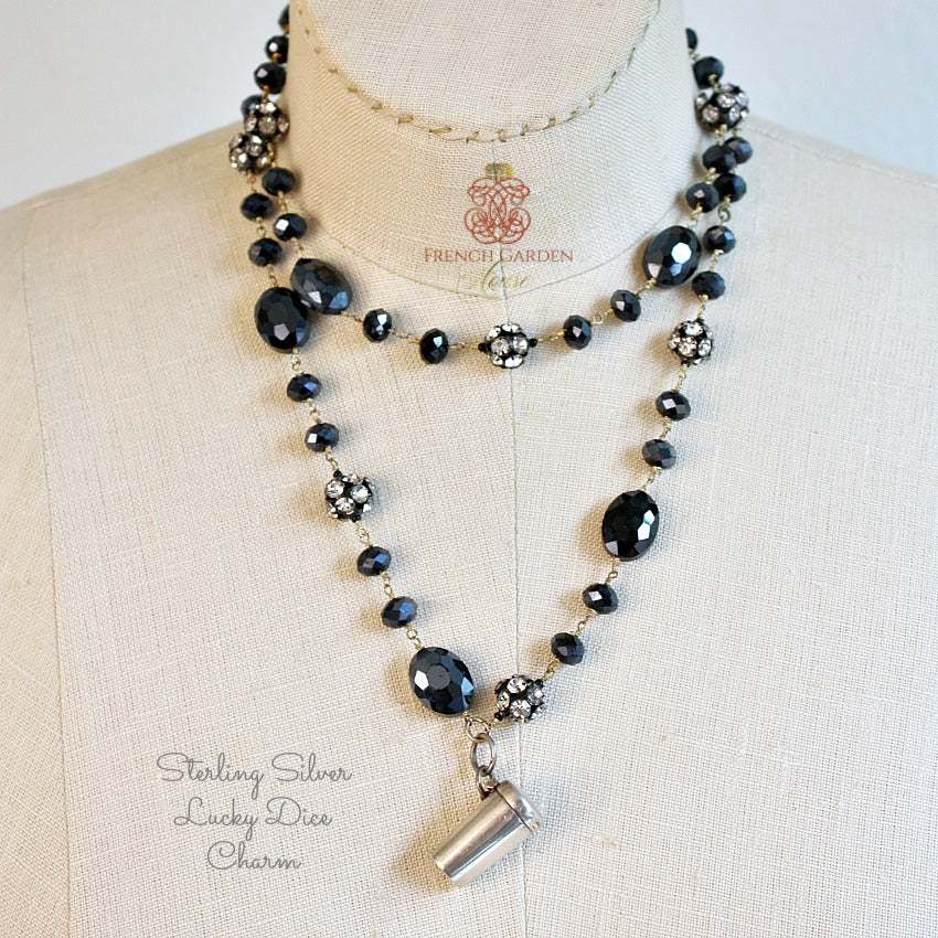 Art Deco sterling dice charm necklace with miniature dice case, 34" black Czech glass chain, decorative rhinestones, elegant, rare, collectible jewelry.