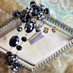 Art Deco sterling dice charm necklace with miniature dice case, 34" black Czech glass chain, decorative rhinestones, elegant, rare, collectible jewelry.