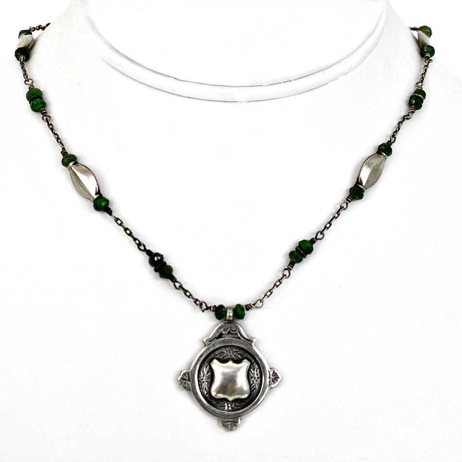 Antique Estate Heirloom Sterling Award Fob Necklace Green