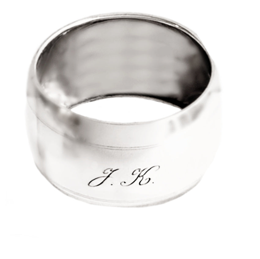Sterling silver napkin ring with elegant J.K. monogram, a classic personalized table accessory perfect for refined entertaining and silver collectors.