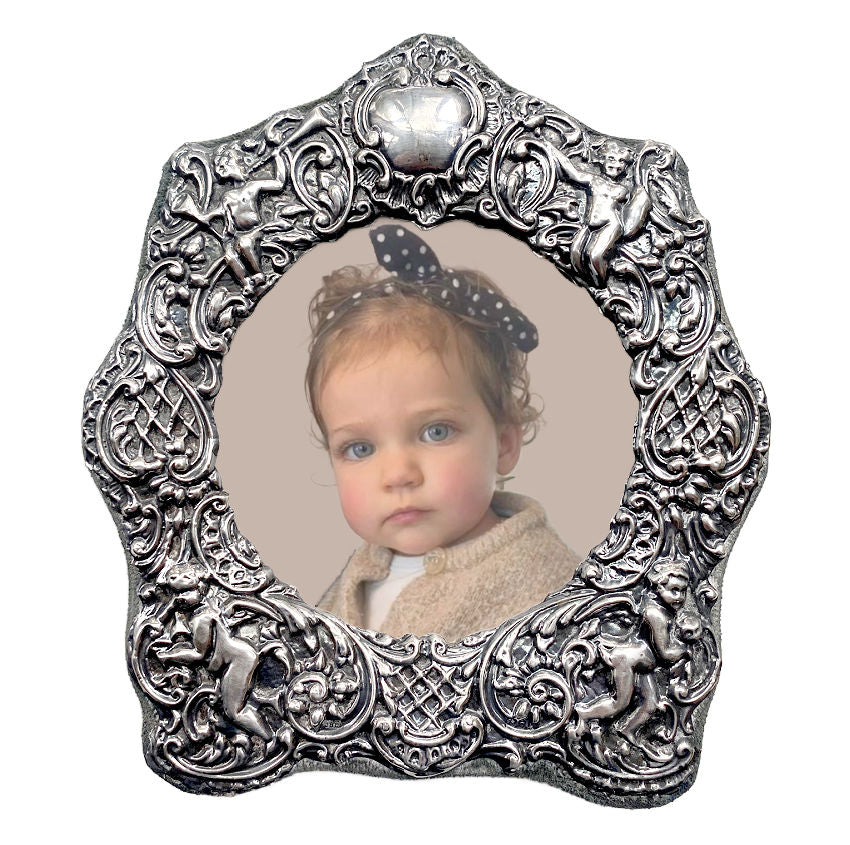 JBL London frame, sterling silver frame, repoussé cherubs, cherub photo frame, putti frame, English silver frame, antique silver frame, romantic décor, collectible sterling, heirloom décor, FrenchGardenHouse style, decorative frame