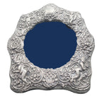 

Antique sterling silver photo frame with repoussé cherubs and putti floral scrollwork