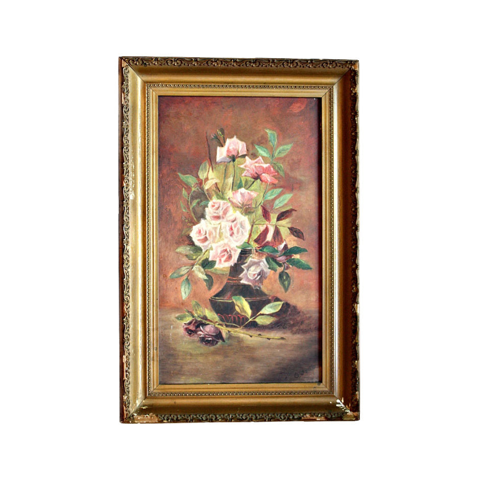 Antique pink  roses oil painting in period gilt frame