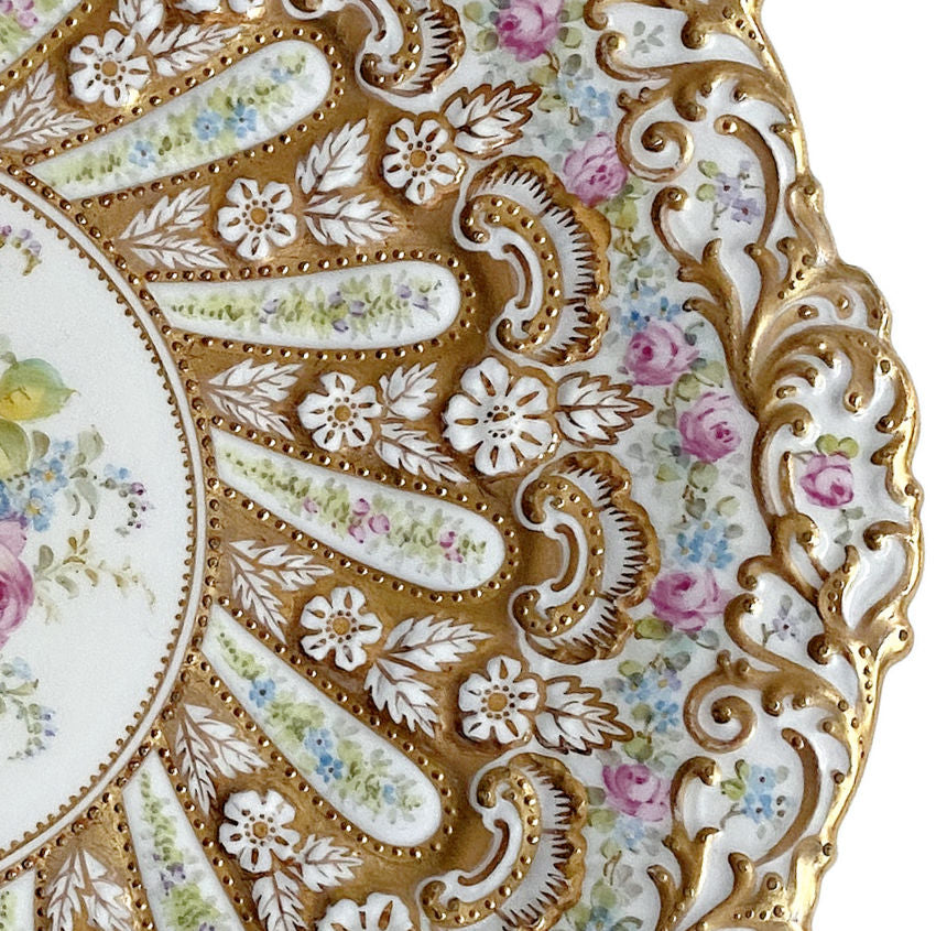 Superb 19th century Copeland dessert plate, hand painted roses with raised gold enamel, exquisite English porcelain collector’s piece.