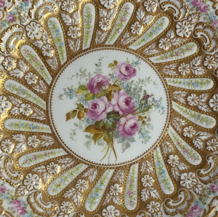 Superb 19th century Copeland dessert plate, hand painted roses with raised gold enamel, exquisite English porcelain collector’s piece.