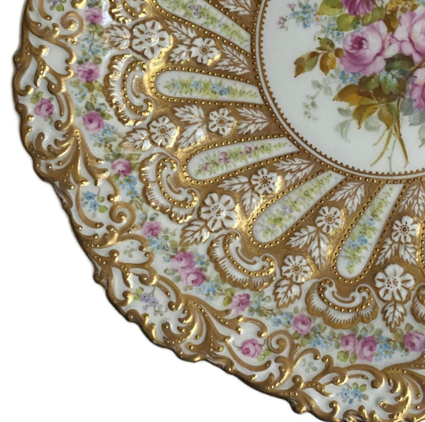Superb 19th century Copeland dessert plate, hand painted roses with raised gold enamel, exquisite English porcelain collector’s piece.