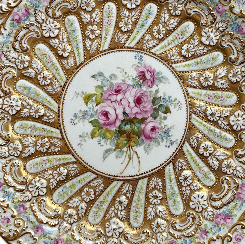Stunning 19th Century Hand Painted Roses Gold Encrusted Copeland Dessert Plate III