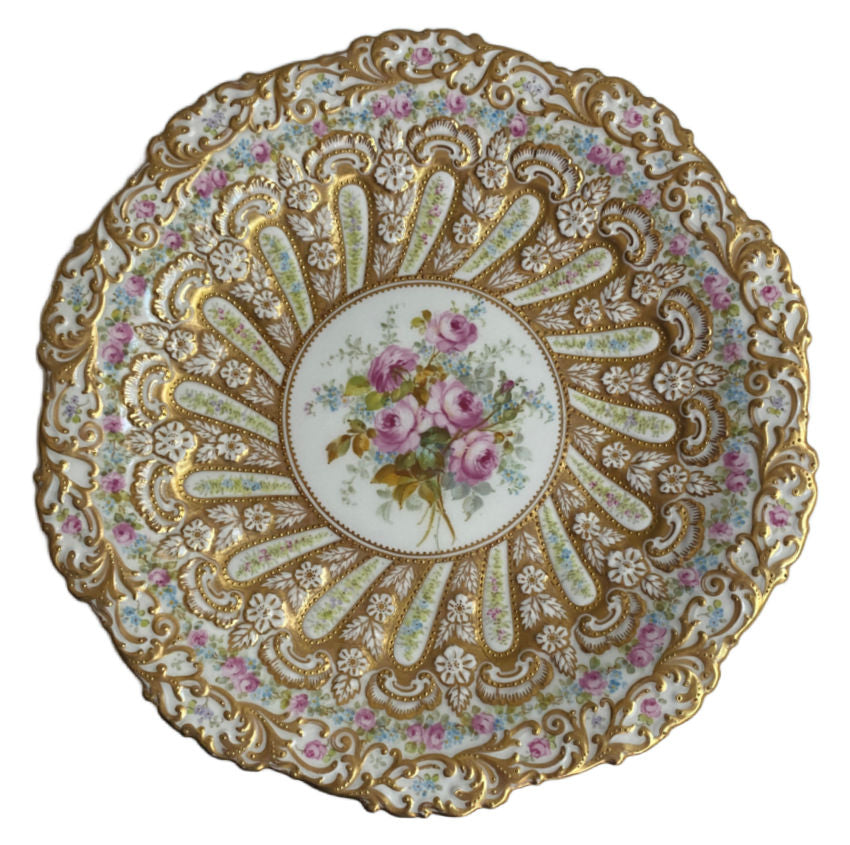 Superb 19th century Copeland dessert plate, hand painted roses with raised gold enamel, exquisite English porcelain collector’s piece.