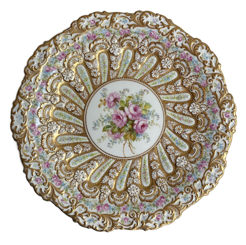 Superb 19th century Copeland dessert plate, hand painted roses with raised gold enamel, exquisite English porcelain collector’s piece.