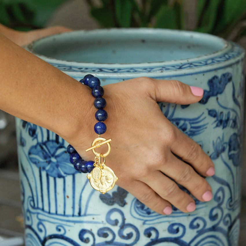 Gold Bee Intaglio on Blue Lapis Bracelet