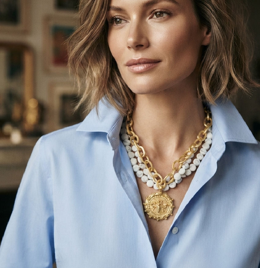 Susan Shaw Multi-Strand White Turquoise Necklace with Large Gold Bee Pendant