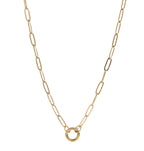 18K gold paperclip charm keeper necklace with central ring on a 20 inch chain