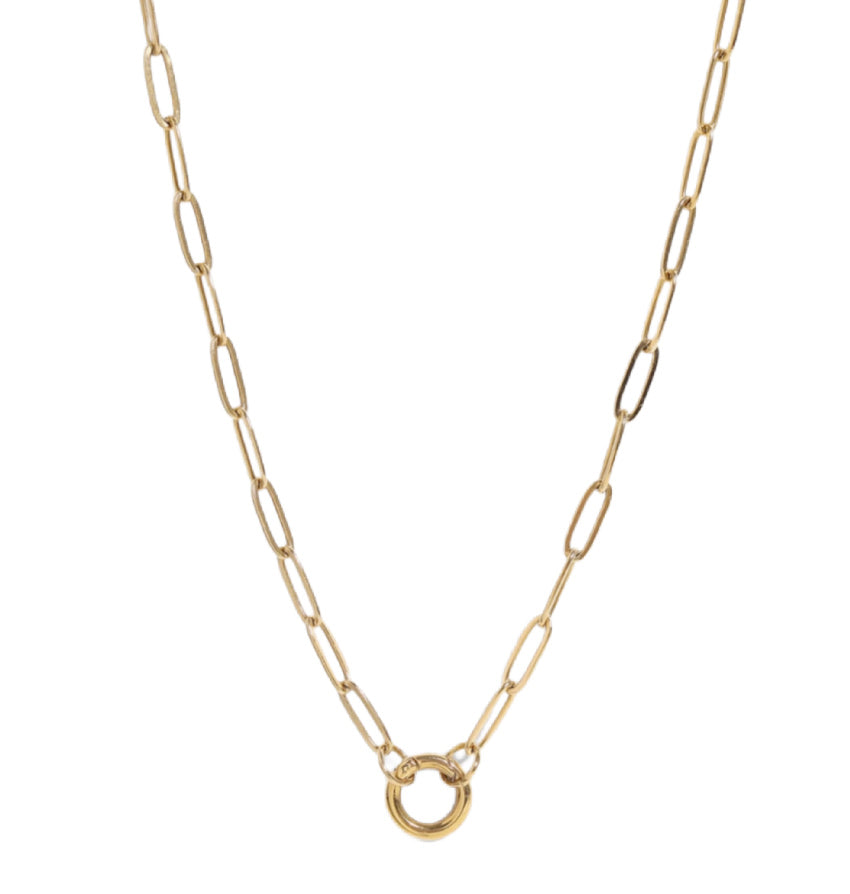 18K gold paperclip charm keeper necklace with central ring on a 20 inch chain