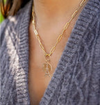elegant gold paperclip link necklace with charm holder ring, minimalist