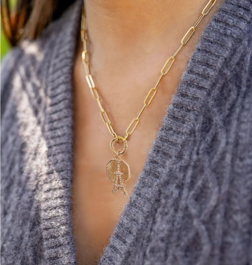 elegant gold paperclip link necklace with charm holder ring, minimalist