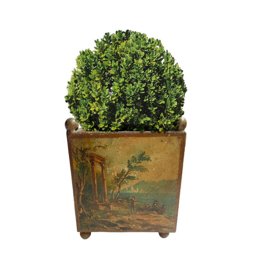 19th Century French tôle peinte petit jardinière with hand-painted pastoral scene and original patina. Elegant square form on ball feet, perfect for décor. with boxwood topiary