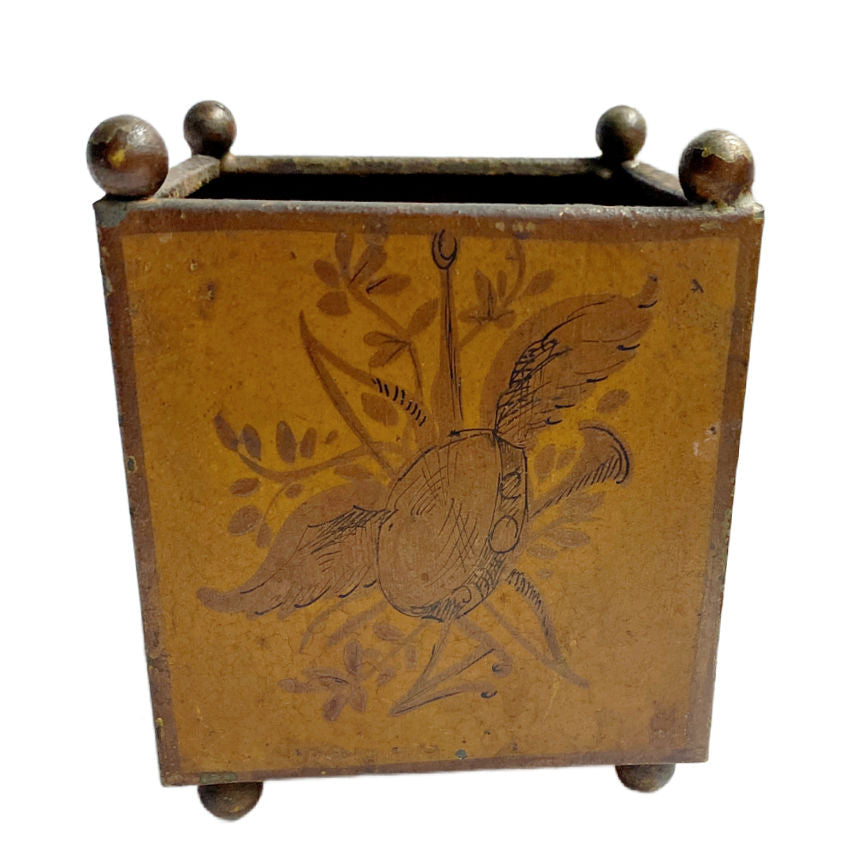 19th Century French tôle peinte petit jardinière with hand-painted pastoral scene and original patina. Elegant square form on ball feet, perfect for décor.
