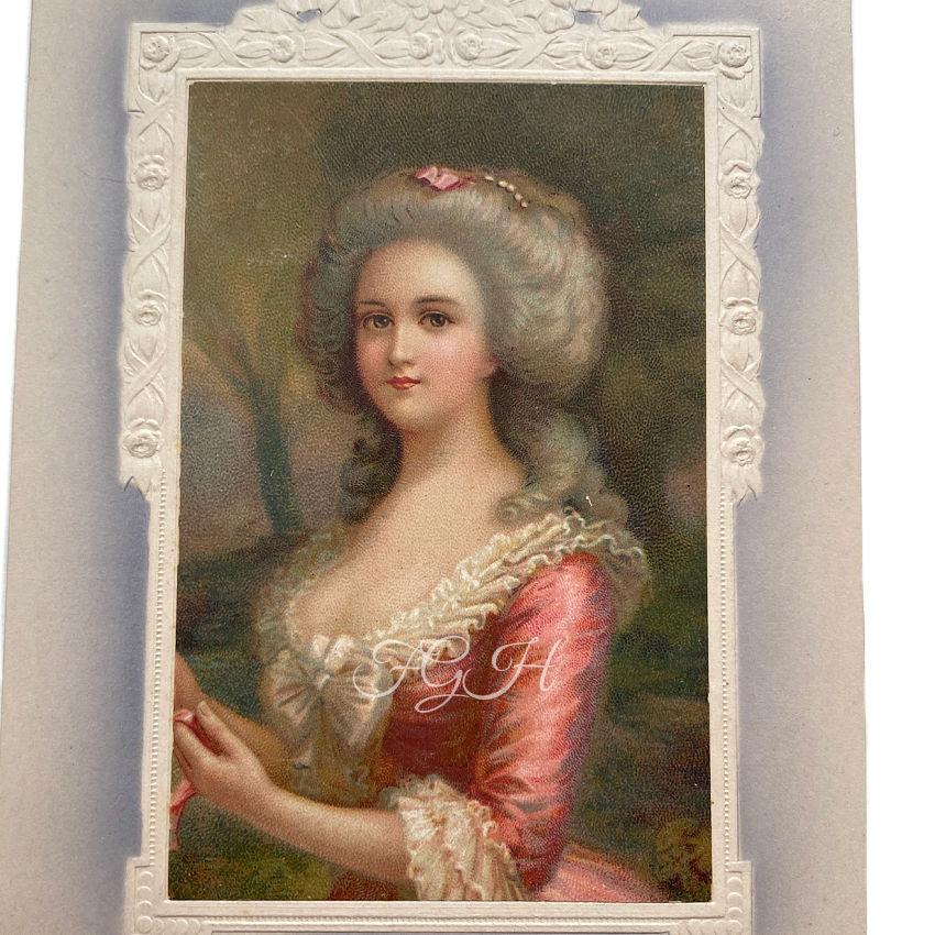 Unused Antique Chromolithograph Portrait Lady in Pink Postcard Marie Antoinette style