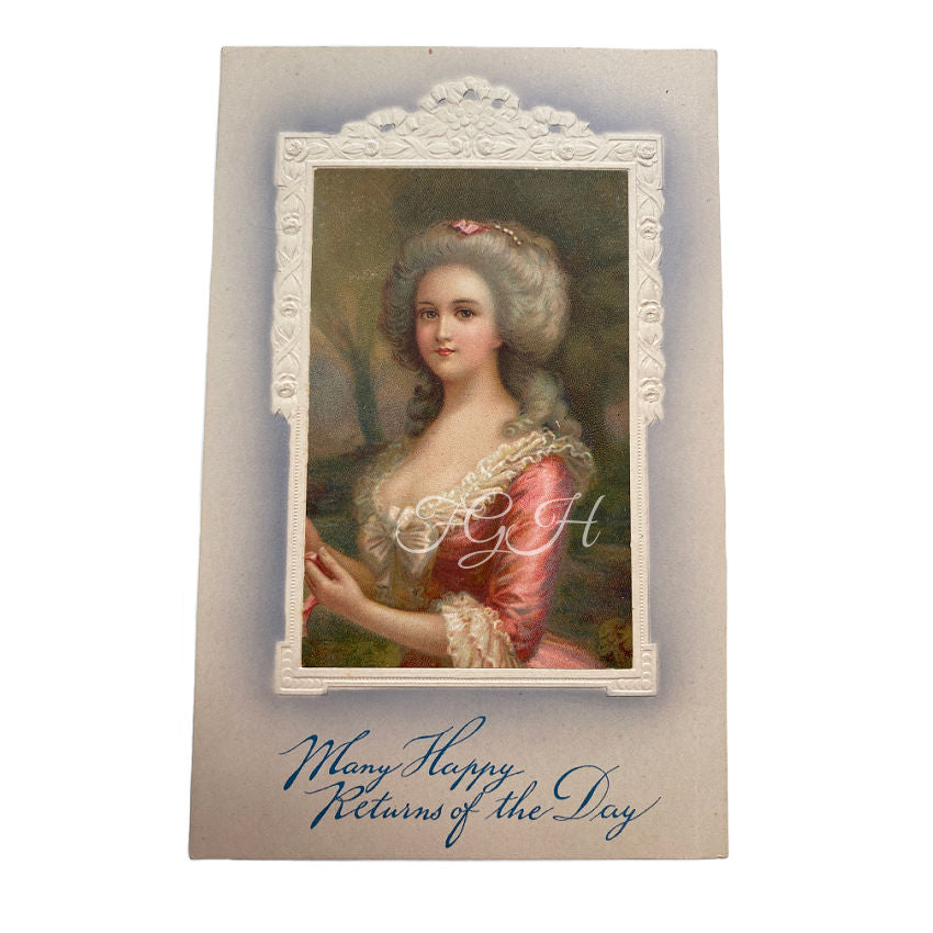 Unused Antique Chromolithograph Portrait Lady in Pink Postcard Marie Antoinette style