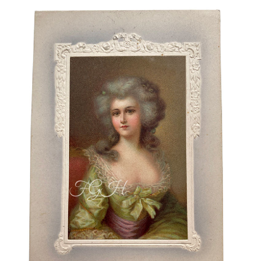 Unused Antique Chromolithograph Portrait Lady in Green Postcard 17th century French portrait