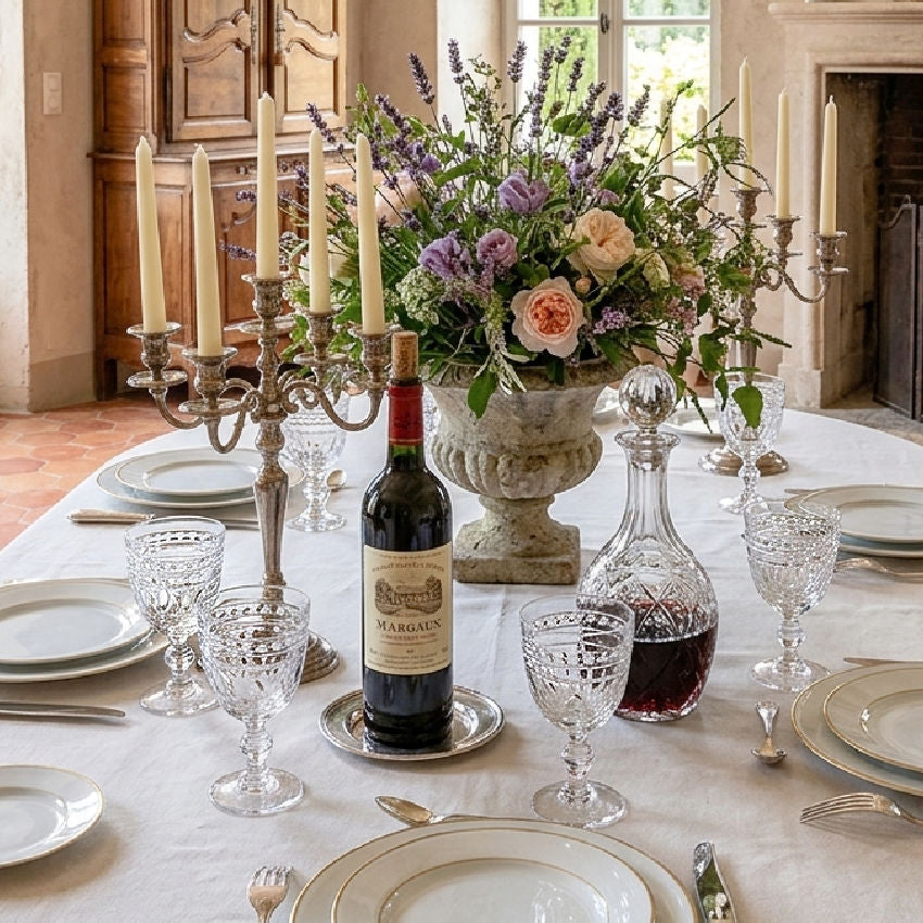 Elegant table setting Val Saint Lambert crystal goblets porcelain silver wine flowers