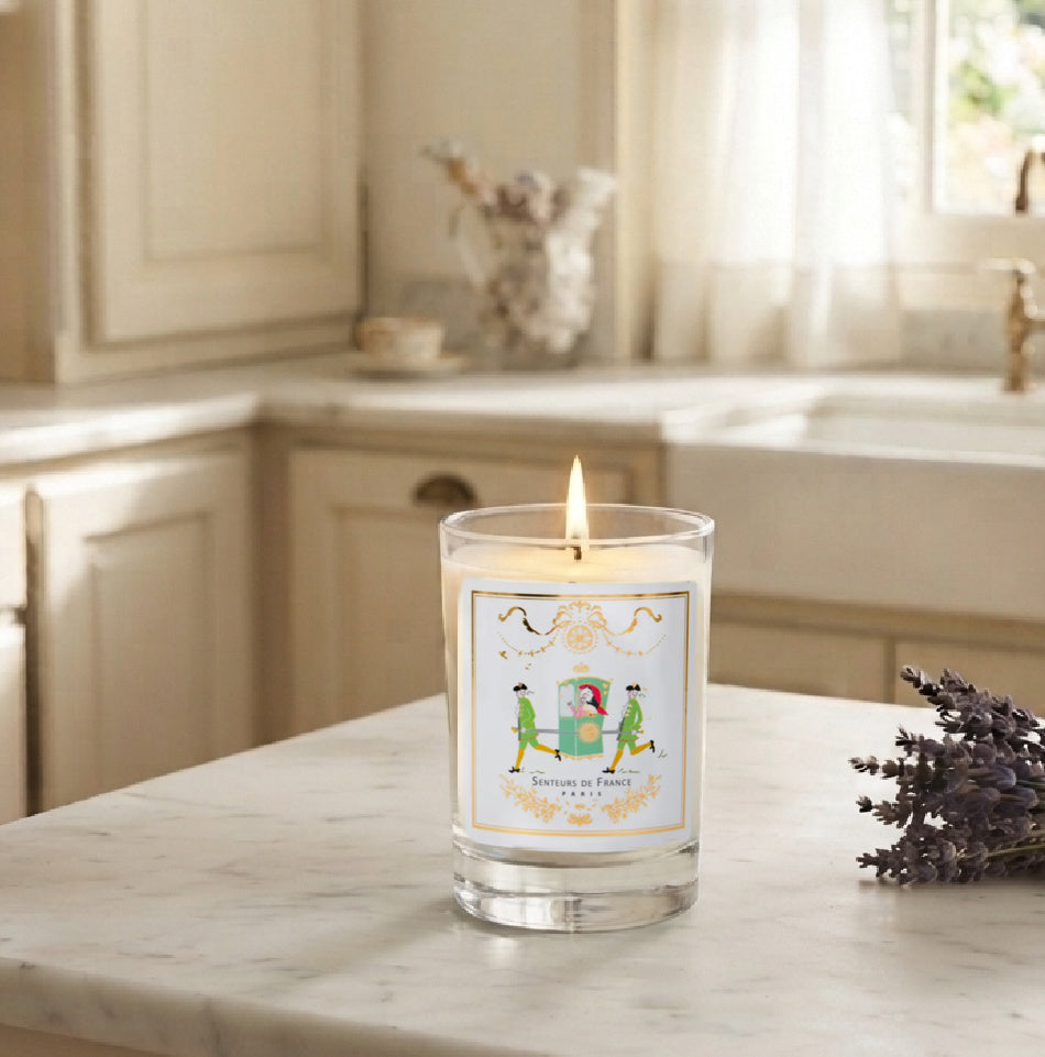 French Versailles luxury candle, orange blossom scent, from France, in french kitchen