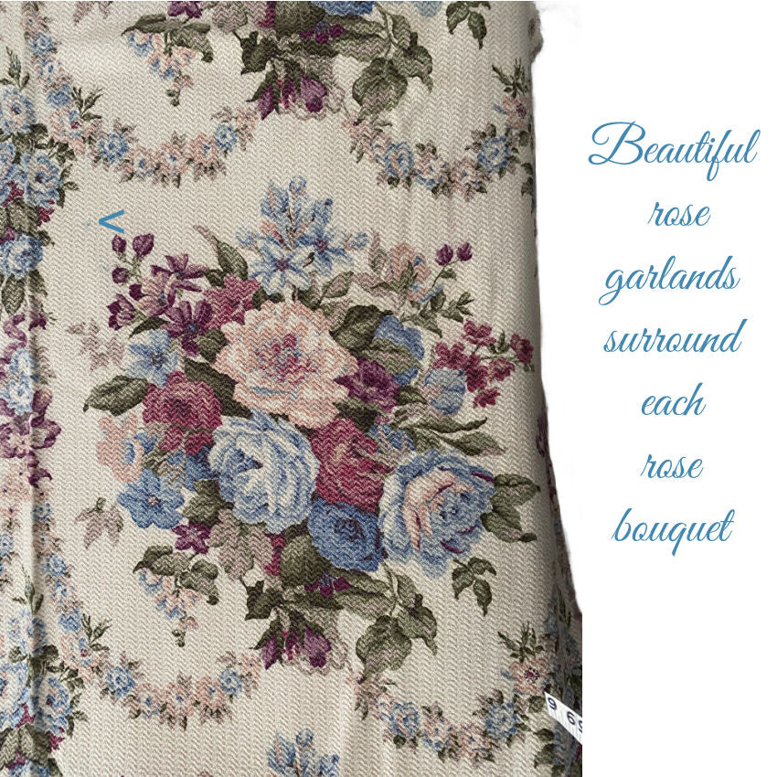 Vintage Blue & Pink Roses Bark Cloth