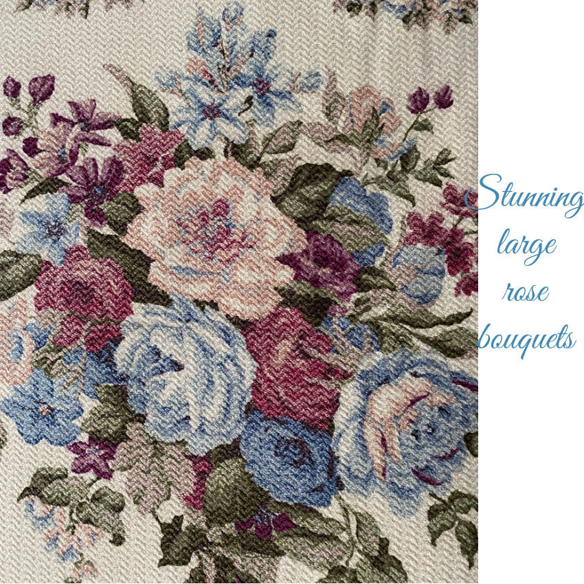 Vintage Blue &amp; Pink Roses Bark Cloth