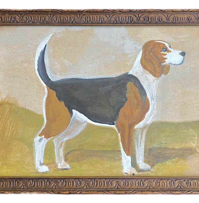 Vintage Beagle Dog Painting in Art Deco Frame