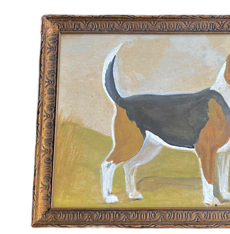 Vintage Beagle Dog Painting in Art Deco Frame