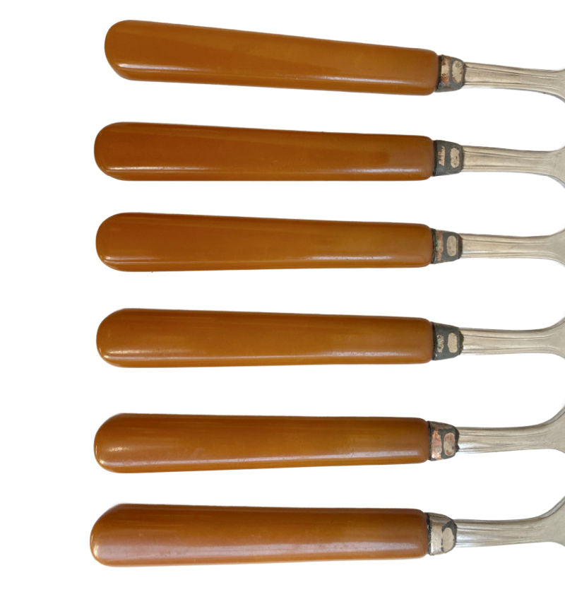 Vintage Butterscotch Bakelite Fork Set 6 Pieces