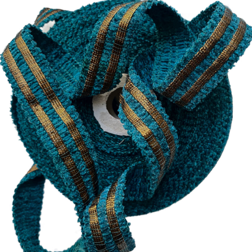 Vintage Dark Aqua Chenille Ribbon with Metallic Bronze Stripes