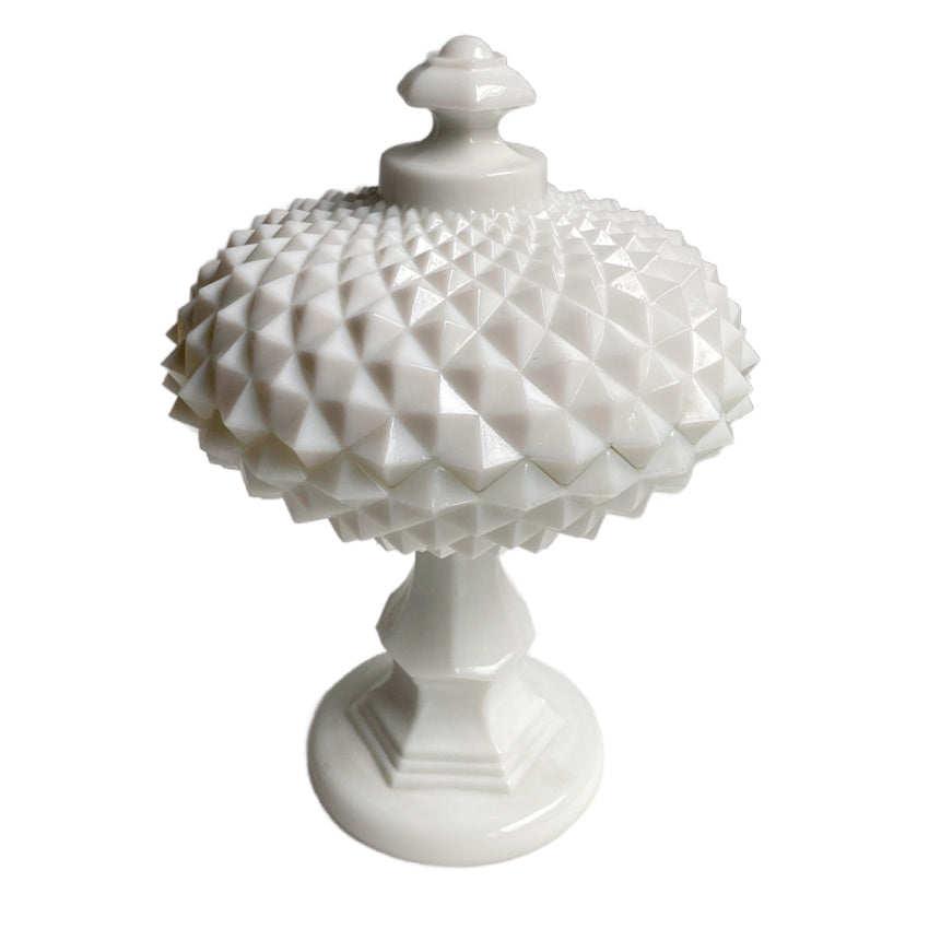 Vintage milk glass compote bowl with lid sawtooth diamond point
