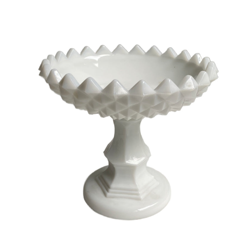 White milk glass footed compote decorative table piece bowl detail