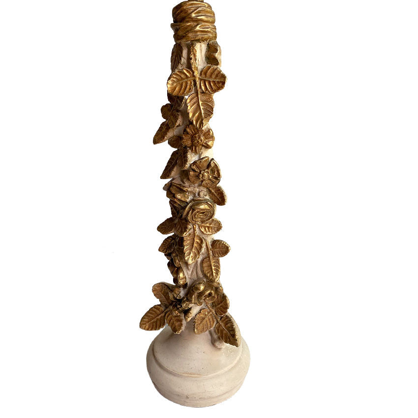 Plaster rose column lamp with romantic floral relief details and softly aged gilt surface