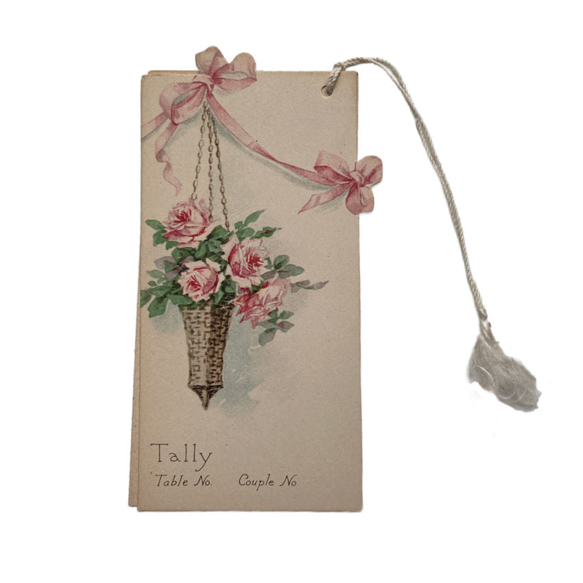 Vintage Pink Roses Basket and Ribbons Bridge Tally