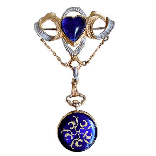 Vintage blue heart watch pin with cobalt blue enamel Nelson 17-jewel pocket watch. A collector’s decorative jewel in a stunning blue.