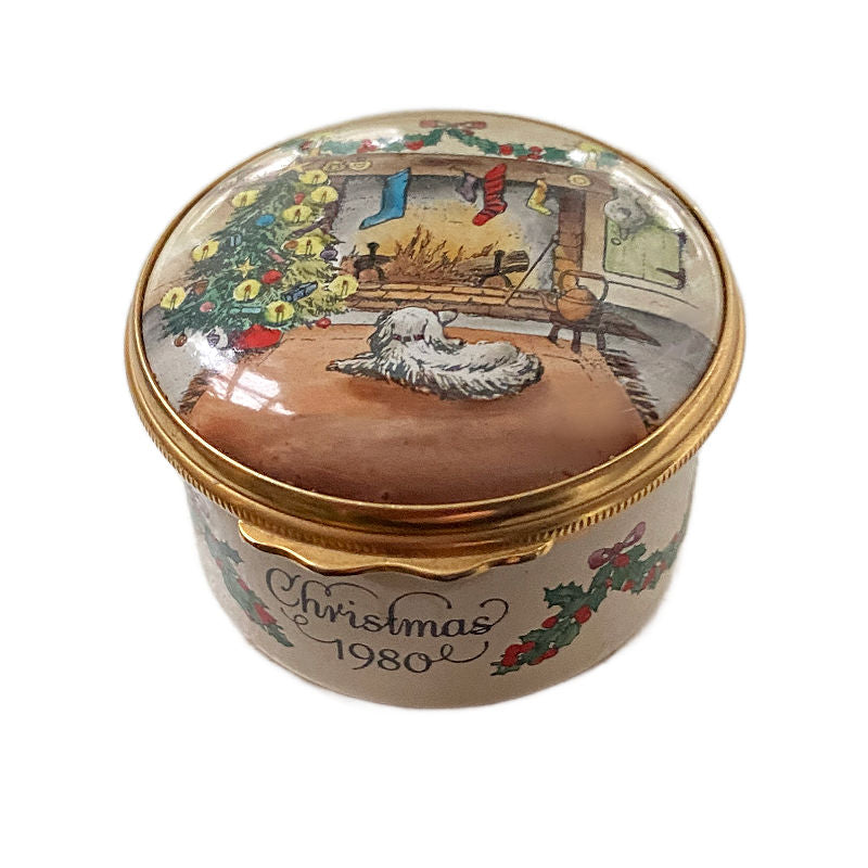 Elegant vintage Cartier enameled round box, made in England with signature craftsmanship—collectible French luxury for refined gift giving.