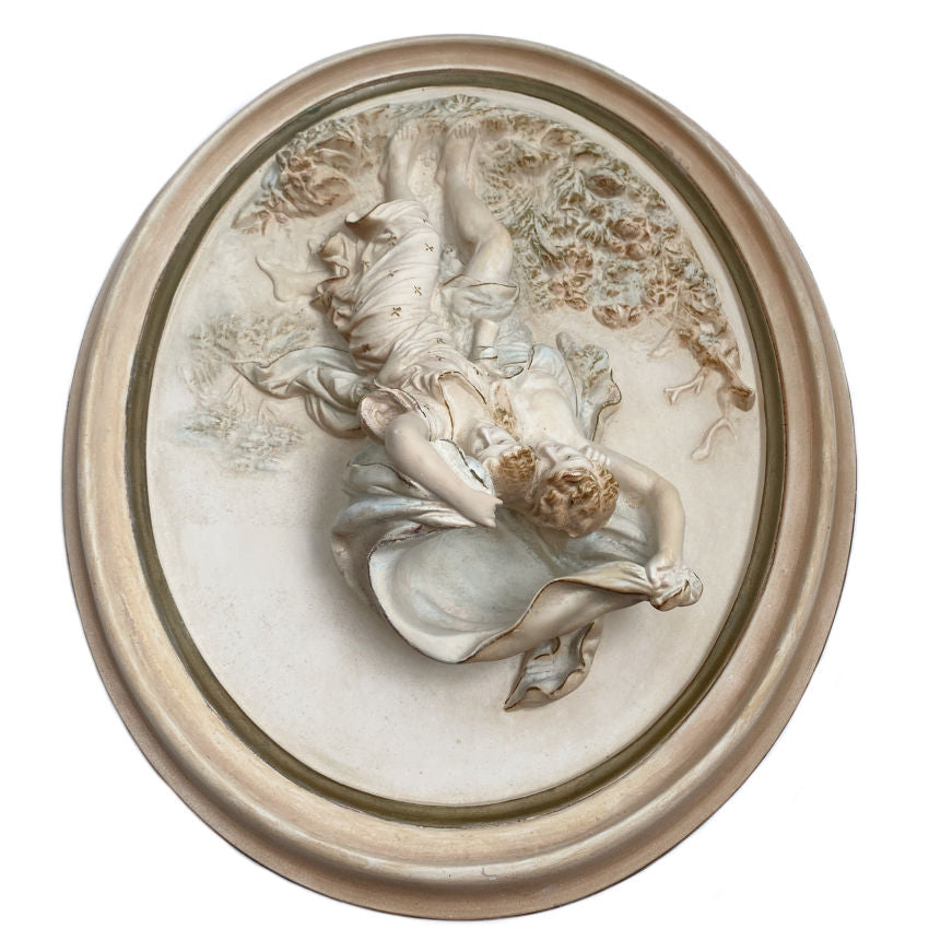 Decorative wall plaque with a classical design of a pair of lovers, Pierre Auguste Cot ‘Le Orage’ chalkware, 