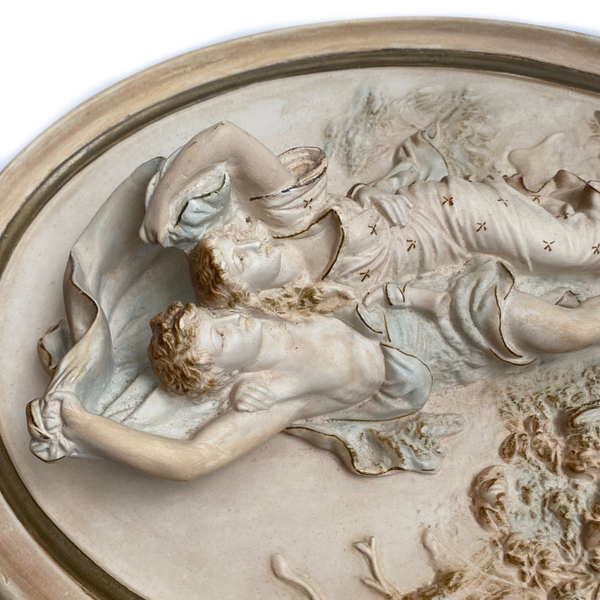 Vintage Chalkware Wall Relief Le Orage by Pierre‑Auguste Cot Hand-Painted with Soft Colors and Gold