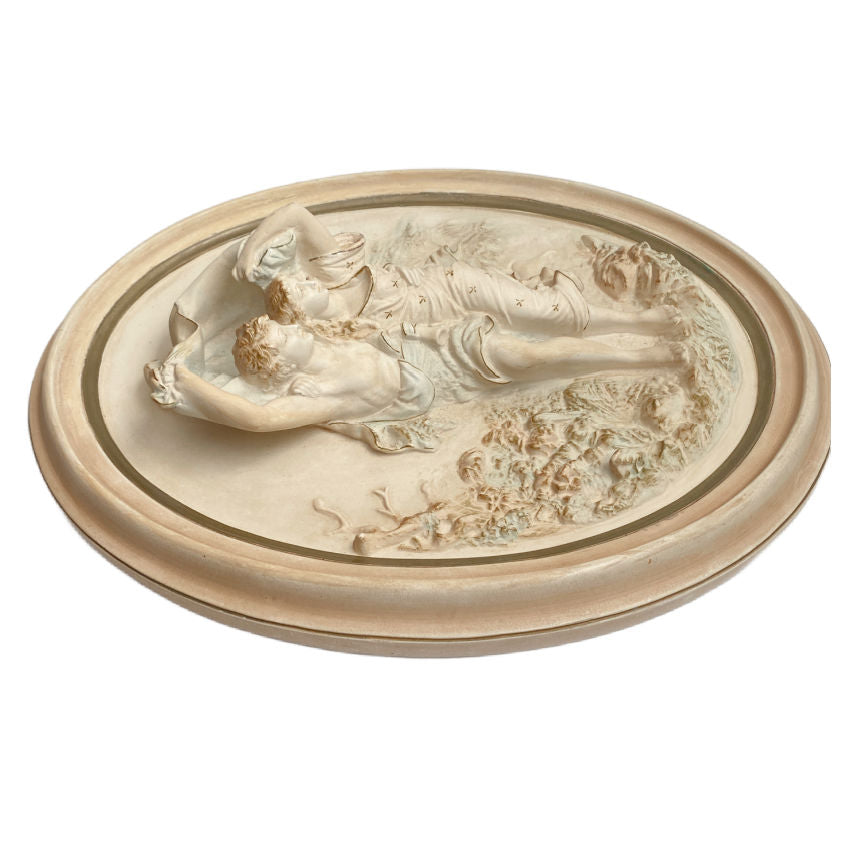 Pierre-Auguste Cot ‘Le Orage’ chalkware, hand-painted in soft pastels with gilt accents side view.