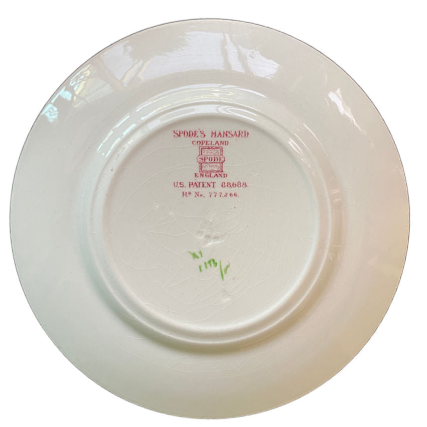 Curated English porcelain dessert plates pink rose Spode Lady Anne styled table setting vintage marked for 1932