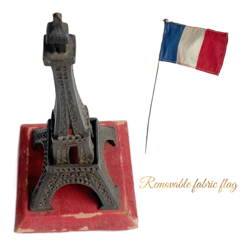 Vintage Eiffel Tower Paris Souvenir on Red Fabric Covered Base with Flag