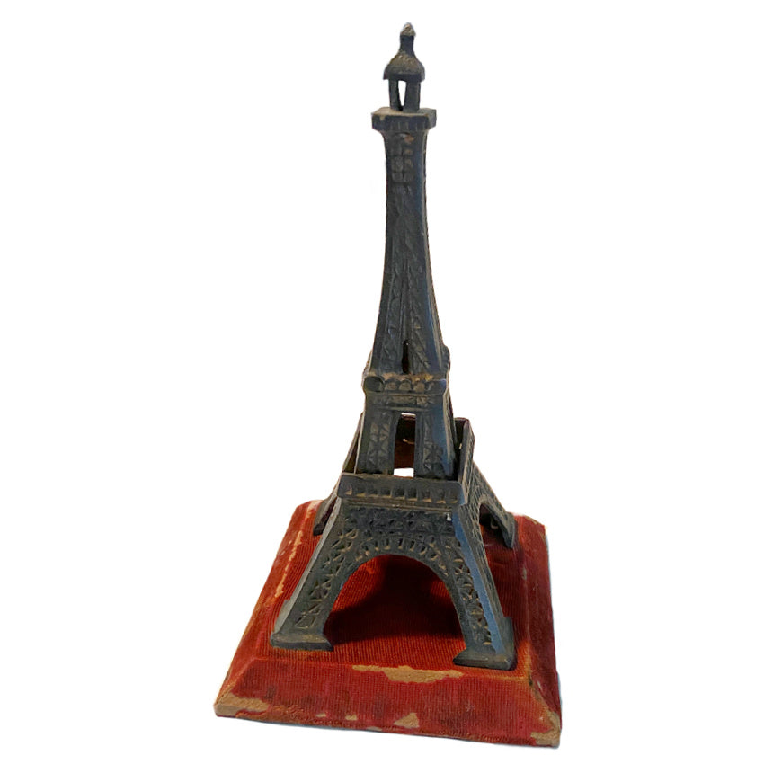 Vintage Eiffel Tower Paris Souvenir on Red Fabric Covered Base with Flag